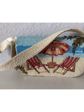 Handcrafted In India Beaded Beach Scene Chairs And Umbrella Shoulder Bag NEW